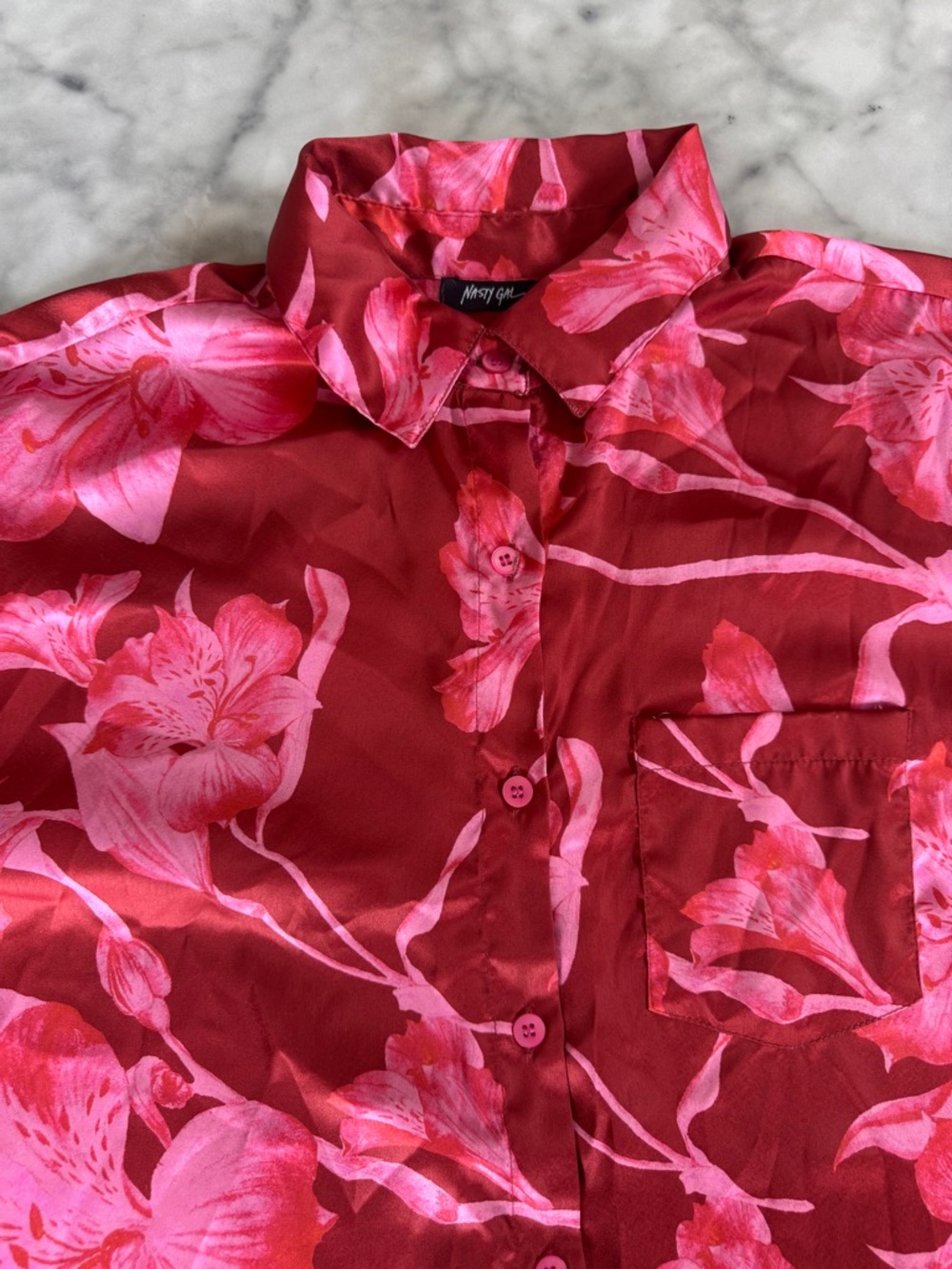 Nasty Gal Red and Pink Floral Button-Up Blouse